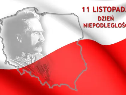 Grafika „11 listopada. Dzień Niepodległości” z konturem Polski, flagą i portretem Józefa Piłsudskiego