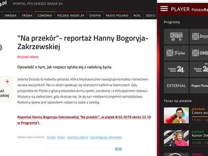 Zrzut strony Polskiego Radia z zapowiedzią reportażu „Na przekór” Hanny Bogoryi-Zakrzewskiej