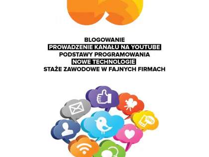 Plakat programu Uniwersytet Sukcesu z kolorowymi ikonami mediów społecznościowych