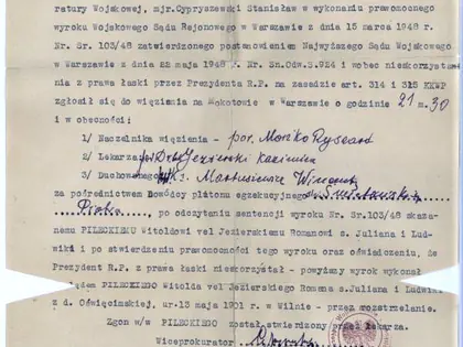 Archiwalny maszynopis z 1948 roku, protokół wykonania wyroku z podpisami i pieczęcią