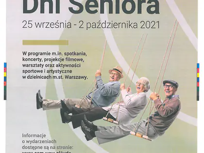 Plakat Warszawskie Dni Seniora, 25 września – 2 października 2021, z rysunkiem seniorów na huśtawkach
