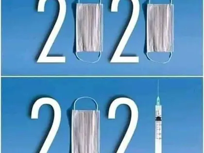 Grafika z liczbą 2020 z maseczkami zamiast zer i liczbą 2021 ze strzykawką
