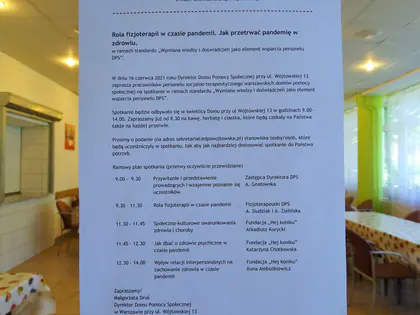 Plakat z programem spotkania Rola fizjoterapii w czasie pandemii. Jak przetrwać pandemię w zdrowiu