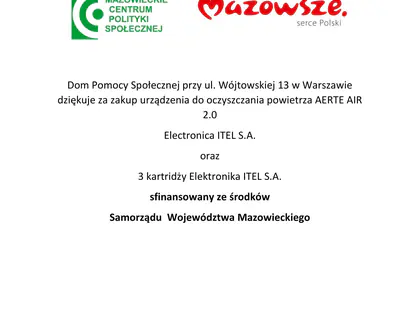 Podziękowanie za urządzenie do oczyszczania powietrza Aerte Air 2.0 sfinansowane ze środków Samorządu Województwa Mazowieckiego, z logo Mazowieckiego Centrum Polityki Społecznej