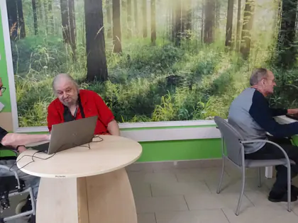 Mieszkańcy pracują przy laptopach na tle fototapety z lasem