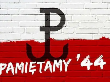 Znak Polski Walczącej i napis Pamiętamy 44 na biało-czerwonym tle