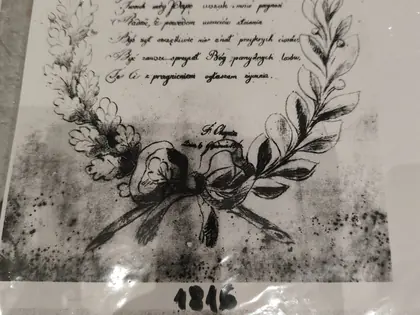Archiwalny rękopis z wieńcem laurowym, datowany 1816, z krótkim wierszem pisanym ręcznie