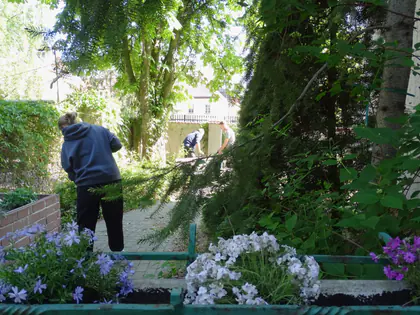 Kwitnące floksy w skrzynce na tle zieleni ogrodu, w oddali pracuje uczennica